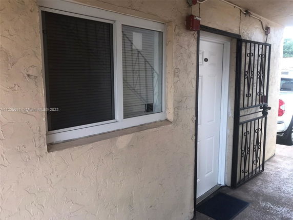 Front view of a building entrance with a window and a security door.
