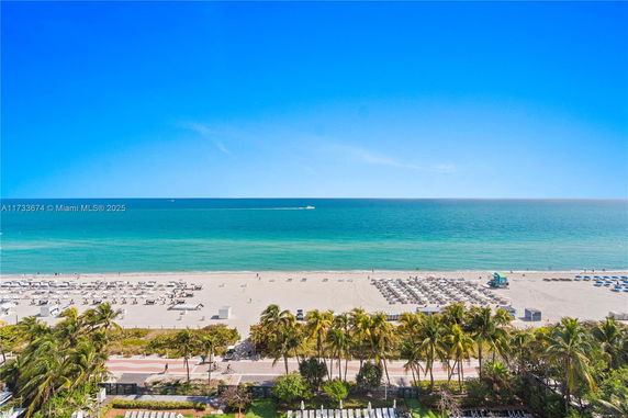 Panoramic view of a beach with sun loungers and parasols along the shoreline.