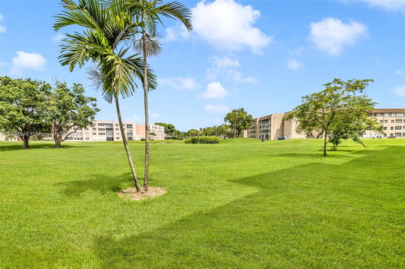 Open grassy area with trees and multi-story buildings in the background.