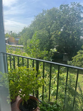 View from a balcony showing trees and greenery surrounding the area.