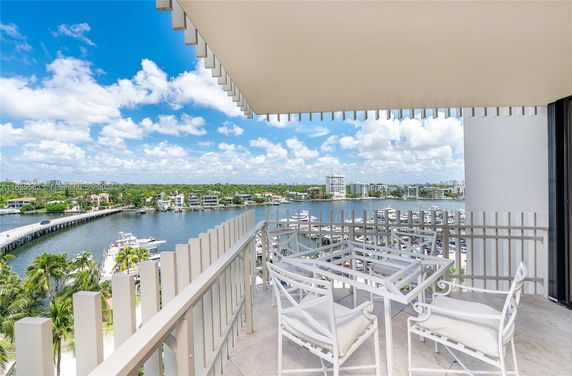 Balcony view overlooking waterway and distant cityscape.