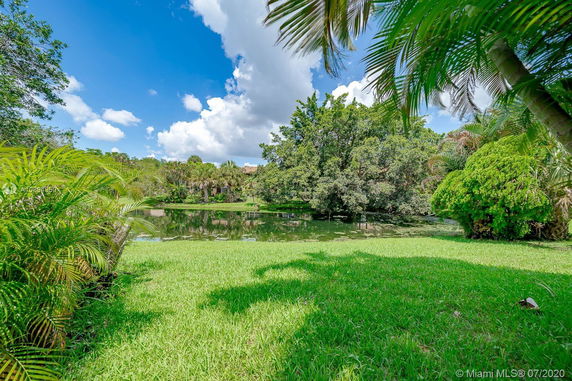 View of a lush green landscape with a pond and various trees.