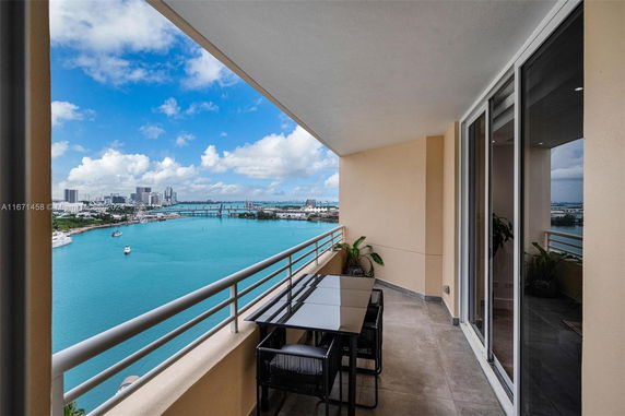 Panoramic view from a balcony, showing a body of water and cityscape in the background.