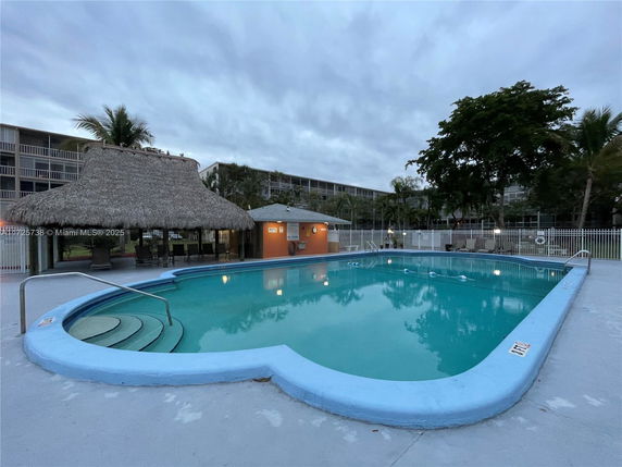 Outdoor swimming pool with surrounding fence and a thatched roof pavilion.