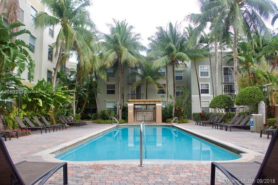 Outdoor swimming pool area with surrounding palm trees and lounge chairs.
