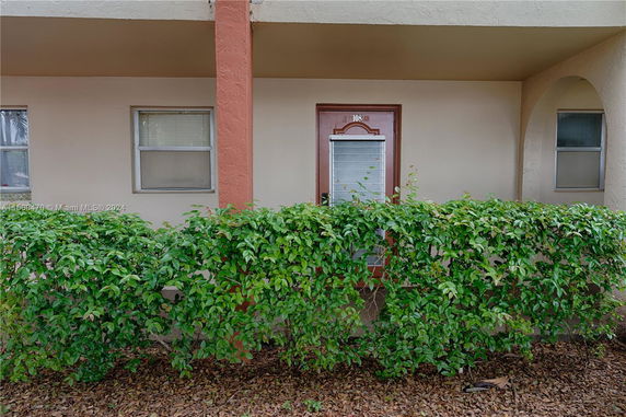 Front view of a building entrance with plants.