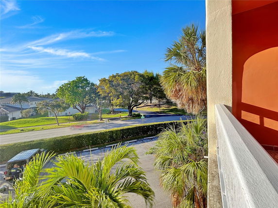 Panoramic view from a building showing trees and a road.