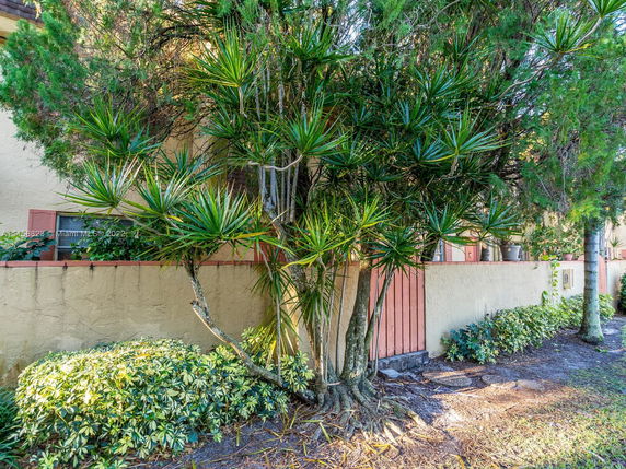 Front view of a building partially obscured by trees and shrubs.