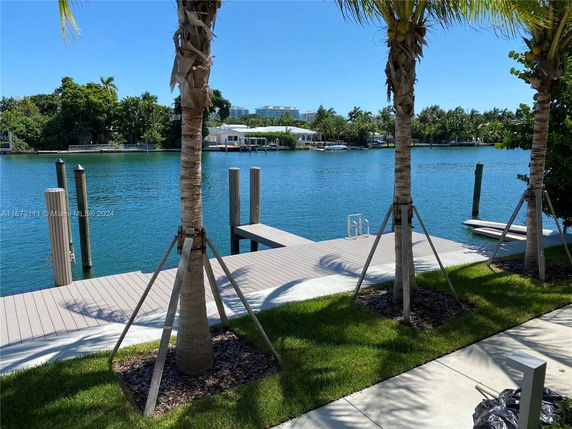 Scenic view of a waterfront area with a dock and palm trees.