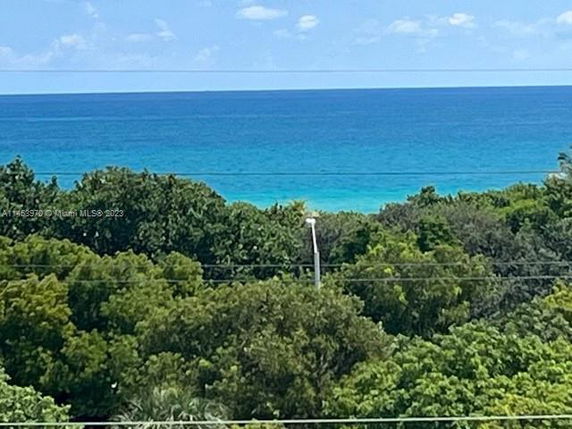 View of a coastline with vibrant green trees and blue ocean in the background.