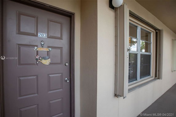 Front view of an apartment with a brown door and window.