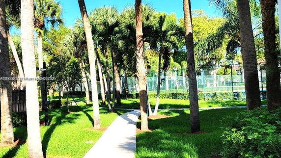 Pathway leading to a fenced tennis court surrounded by palm trees.