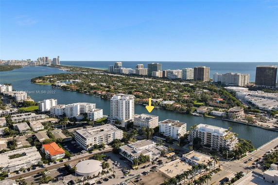 Aerial view of buildings near a body of water with a city skyline in the background.