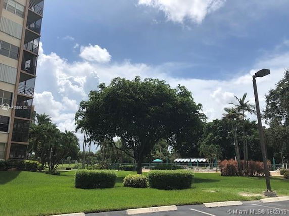 View of a landscaped area with a large tree and adjacent buildings.