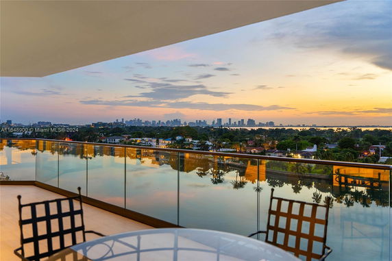 Panoramic view from a building balcony overlooking a cityscape with water and sunset in the background.