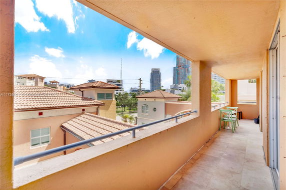 View from a balcony overlooking roofs and distant buildings.