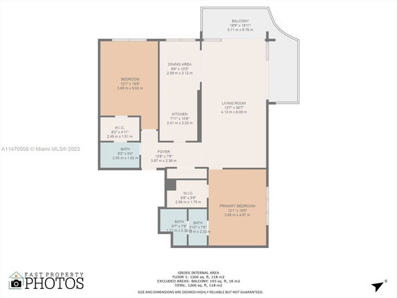 Floor plan of an apartment with two bedrooms, two bathrooms, a kitchen, dining area, living room, foyer, and a balcony.