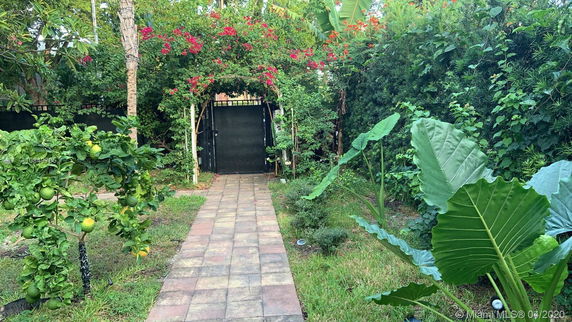 Garden path leading to a gate with lush greenery and flowering plants.