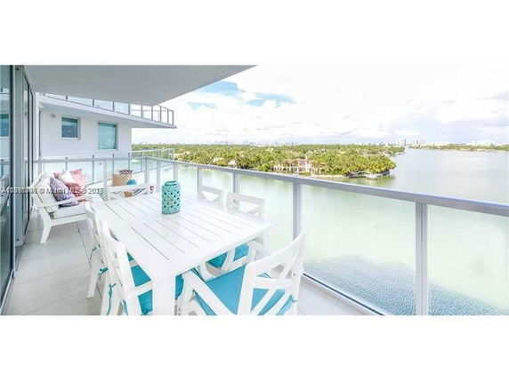 View from a balcony with a dining table overlooking a body of water and lush greenery.
