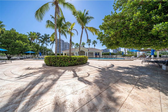 Outdoor pool area surrounded by palm trees and sun loungers.