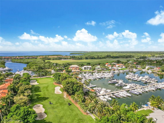 Wide-angle view of a marina with numerous boats docked and surrounding residential area in the background.