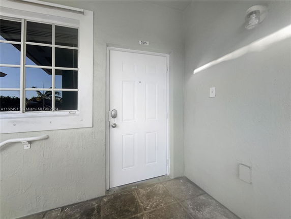 View of a house entrance with white door and window.
