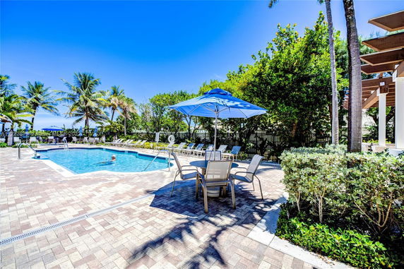 Poolside area with lounge chairs, umbrellas, and palm trees.