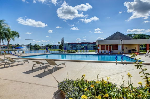 Outdoor swimming pool area with lounge chairs and a small building adjacent.