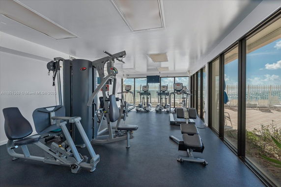 Interior view of a gym with various exercise equipment and large windows.