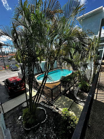 View of an outdoor swimming pool surrounded by a fence and plants.