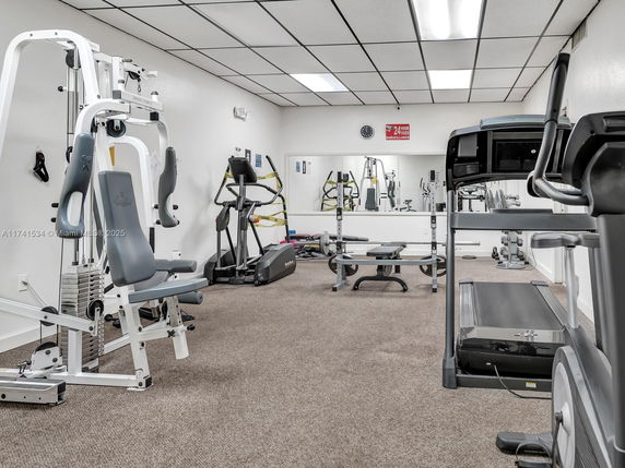 Indoor gym room equipped with various exercise machines and free weights.