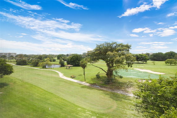 Panoramic view of a grassy area with trees and a path.