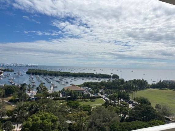 Wide angle view of boats and green areas from a high vantage point.