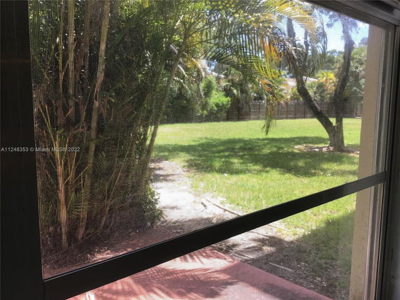 View outside a window showing a grassy backyard with trees.