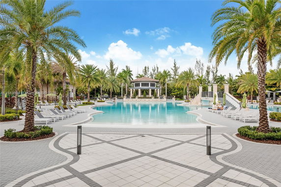 Outdoor swimming pool with surrounding palm trees and lounge chairs.