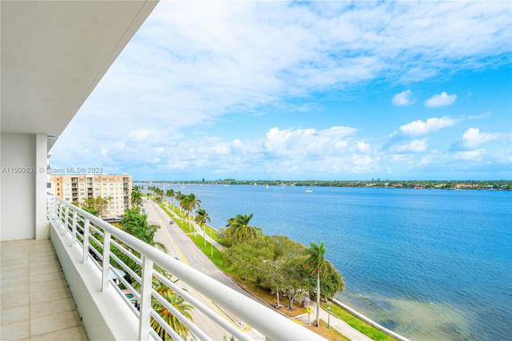 Panoramic view from a balcony overlooking a road, palm trees, and a body of water.