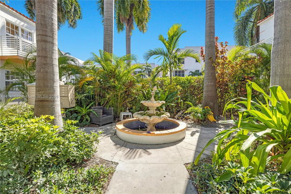 Outdoor area with a water fountain surrounded by palm trees and plants.