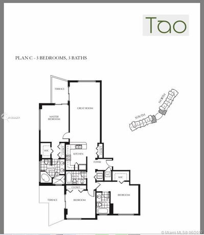 Floor plan for a 3-bedroom, 3-bathroom residence with a master bedroom, great room, kitchen, and terrace.