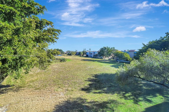 View of open grassy area with trees and buildings in the background.