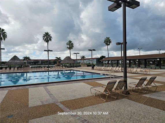 Outdoor swimming pool area with lounge chairs and surrounding palm trees.