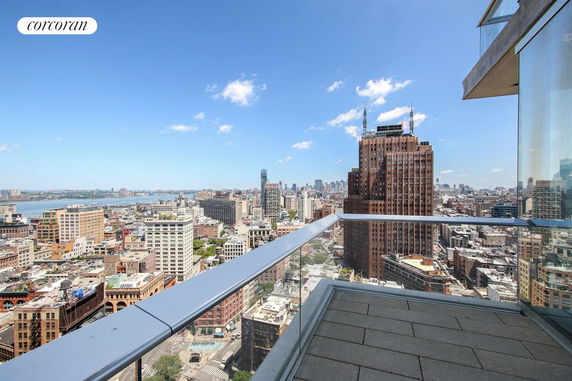 Panoramic view from a high-rise building balcony overlooking cityscape and river.