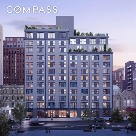 Front view of a multi-story residential building with rooftop gardens.
