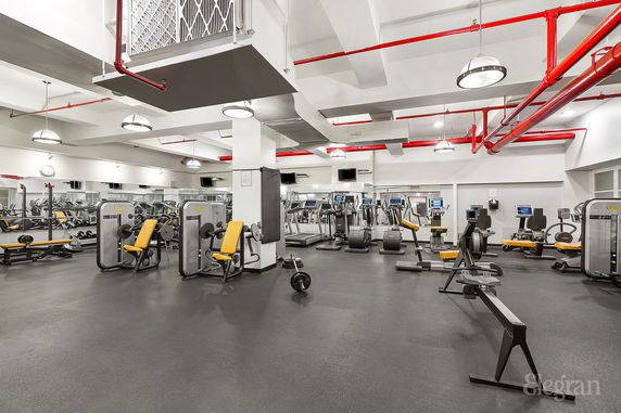 Interior view of a modern gym with various fitness equipment and exercise machines.