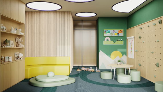 Indoor children's play area with colorful decor, climbing wall, and play furniture.