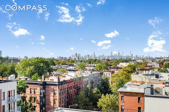 Wide-angle view of a cityscape with skyline in the background and trees in the foreground.