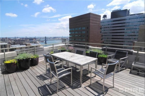 Rooftop with outdoor seating and potted plants, overlooking city skyline and bridge.