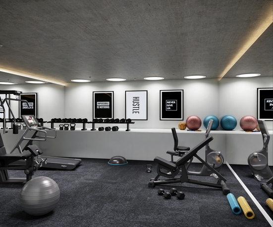 Interior view of a modern home gym with exercise equipment and motivational posters.