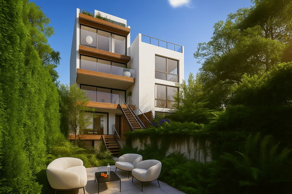 Front view of a modern multi-story building with large windows and outdoor seating area.