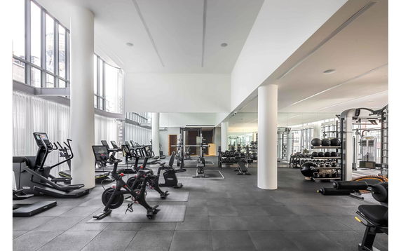 Interior view of a modern gym with workout equipment and exercise machines.