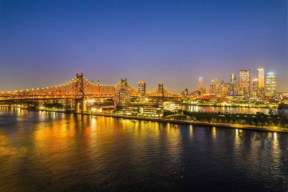 Panoramic view of a city skyline with illuminated bridges and buildings at night.